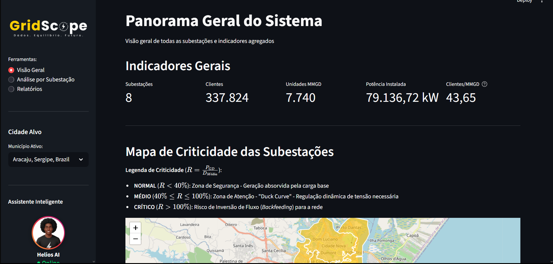Dashboard GridScope com mapa de criticidade das subestações